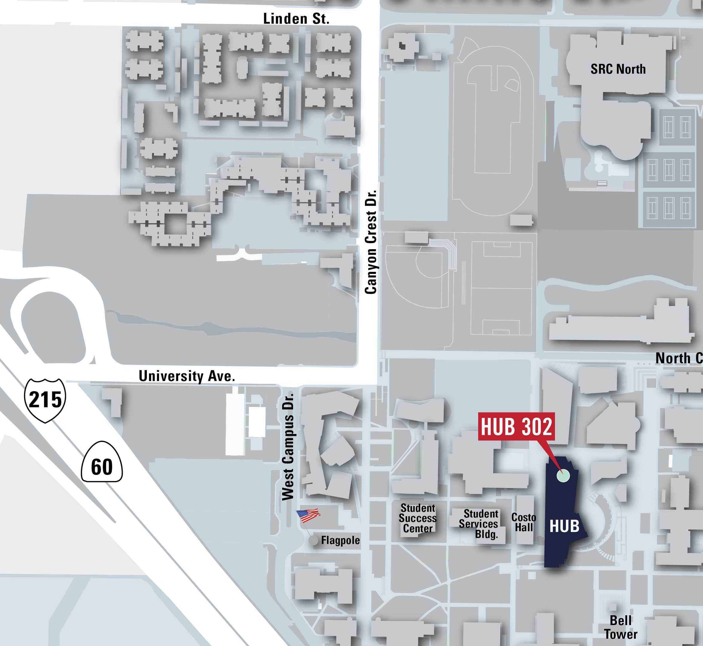 UCR campus map highlighting Highlander Union Building (HUB) 302.