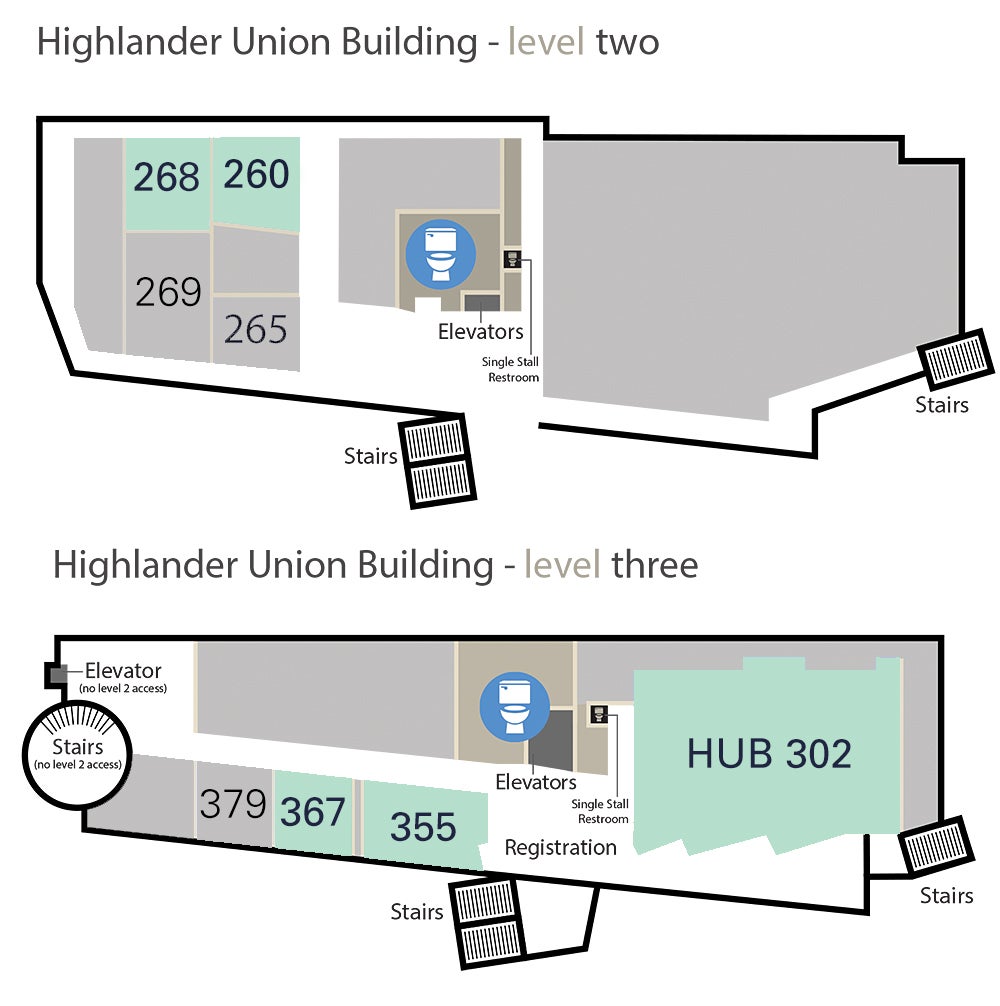 Highlander Union Building (HUB) floor plan for levels two and three.